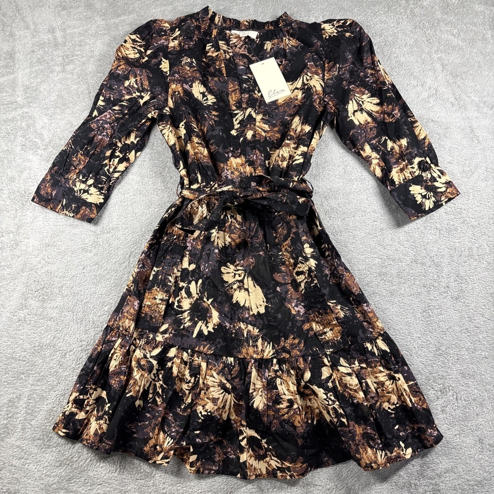 Elan Bloomingdale's Women's Capri Belted V-Neck Dress Black Tuscany Flora XS NWT